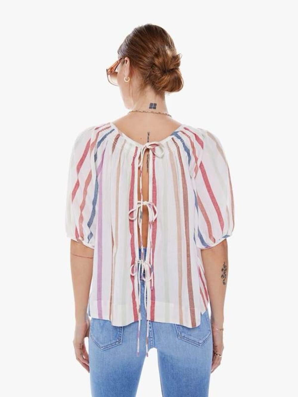 MOTHER White Multicolor Vertical Stripe Tie-Back Puff Sleeve Top